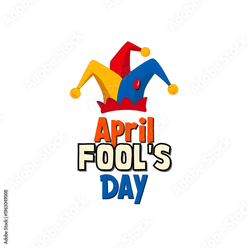 Colorful april fools day jester hat logo with text on white background