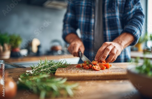 Senior Man Chopping Cherry Tomatoes with Knife and Rosemary on Wooden Board