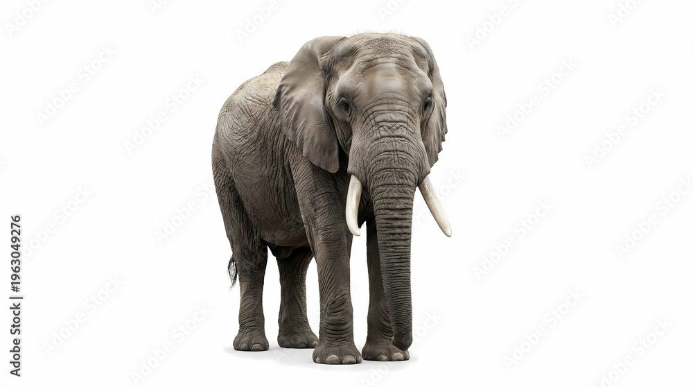 Fototapeta premium Large Gray Elephant Standing Facing Forward with Visible Wrinkles and Two White Tusks