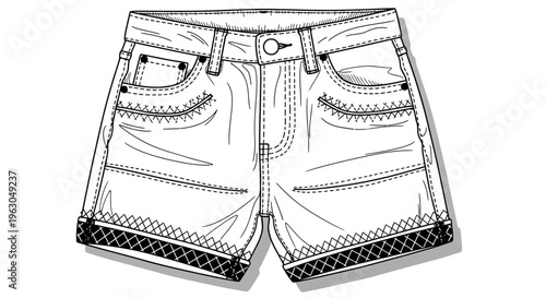 Detailed Line Art Drawing of Denim Shorts with Decorative Hem.