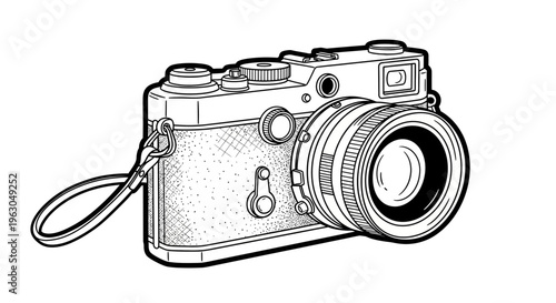 Vintage Camera Illustration Black and White Outline.