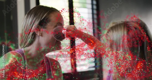 Mom, kid by shutters, lifting makeup brush and brushing face playful, red or green overlaying faces