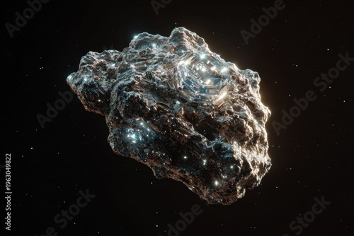 Cosmic Asteroid with Glimmering Lights in Dark Space, Sci-Fi Concept
