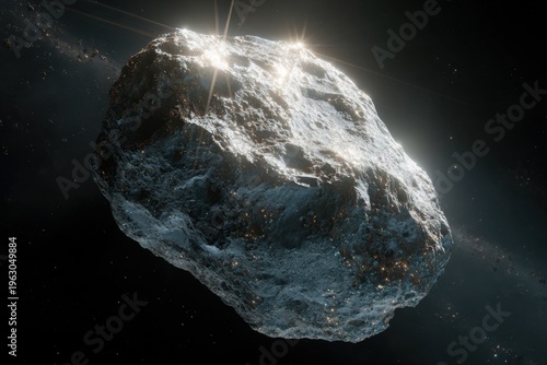 Large asteroid rock in deep space, cosmic background with light flare