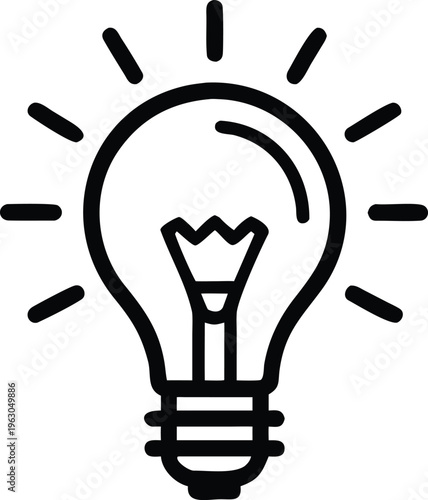 A simple black and white line drawing of a lit lightbulb icon