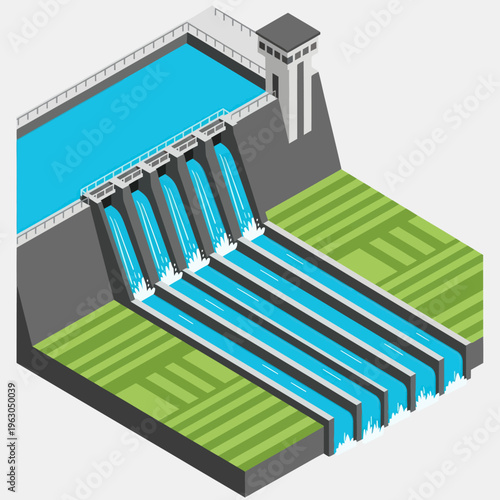 3D Illustration of Hydroelectric Dam Structure.