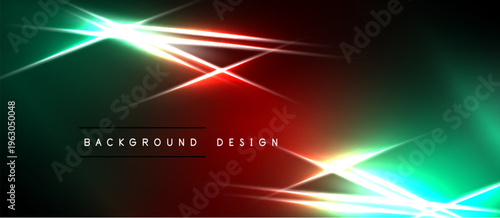 Abstract neon lights create dynamic visual effect. Dark background emphasizes bright lines, gradients, modern design elements.