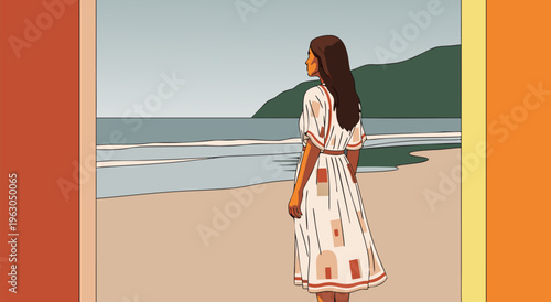 Vector illustration of a woman in a white dress gazing at the ocean from a beach, serene coastal landscape