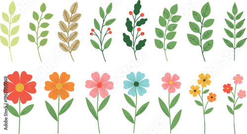 Vector Set of Colorful Flower and Leaf Illustrations Featuring Various Floral Designs and Vibrant Petals for Spring and Garden Themes