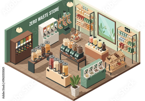 A modern zero waste store interior with ecofriendly products on shelves and tables indoors