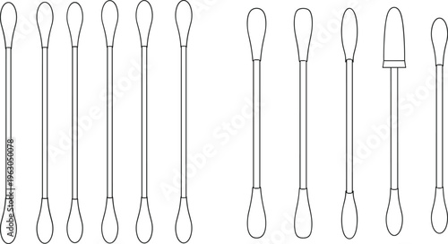 Cotton swab set flat vector illustration black white CAD drawing style showing ear cleaning buds hygiene medical cosmetic tools