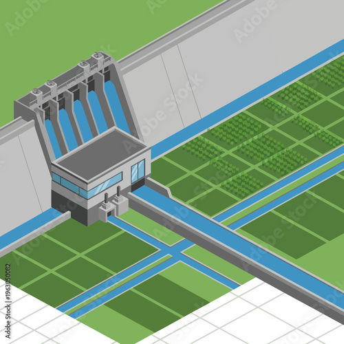 3D Rendering of Modern Hydroelectric Dam Structure.