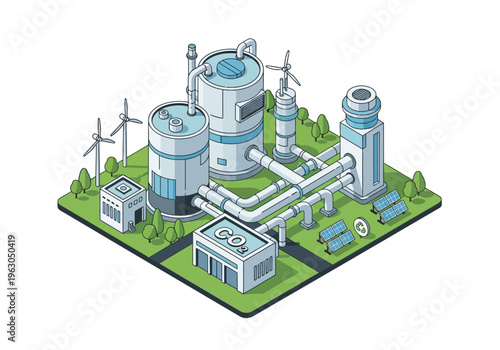 An industrial facility operates with wind turbines and solar panels on a green landscape