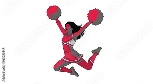 Cheerleader jumping with red pompoms