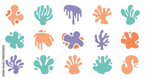 Colorful abstract shapes in orange purple and teal hues arranged in rows on a plain surface