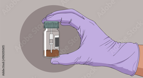 Illustration of a gloved hand holding a small bottle with brown liquid, representing scientific sampling or research