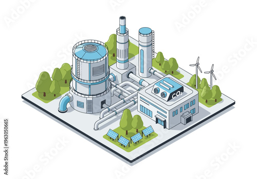 An industrial facility with towers and turbines generates power surrounded by green trees and blue water