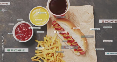 Hot dog staying centered while labels popping, sliding, highlighting sausage and fries for menu ads
