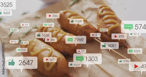 Bubbles popping from edges covering three corn dogs, rising then fading, showing social buzz