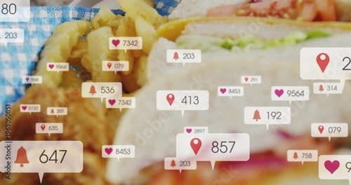 Sandwich and fries on table counts rising lens pulling back sharpening bubbles growing food ads