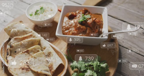 Badges popping over curry, naan on upload peaking, drifting, showing likes for food