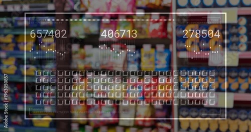 HUD overlay activating, scanning shelves, updating readouts, pulsing grid, showing stock analytics