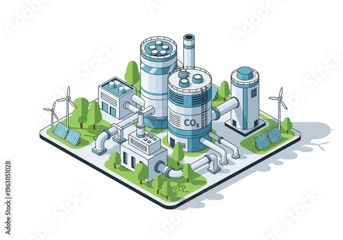 An industrial power plant operates with wind turbines nearby outdoors