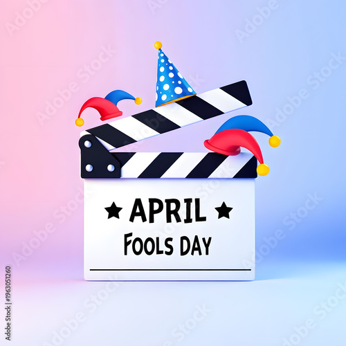 April fools day celebration with clapperboard and jester hats on colorful background