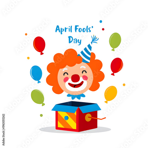Smiling clown popping out of a jackinthebox on april fools day isolated on white background