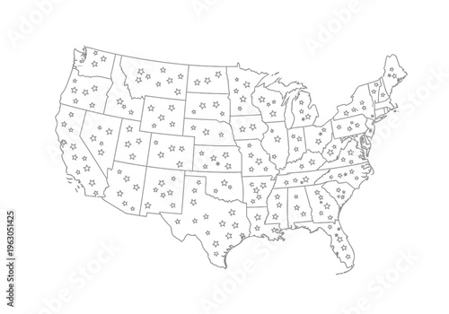 Outline map of the contiguous United States with numerous stars marking locations