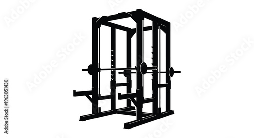 A black power rack with a barbell depicted as a silhouette