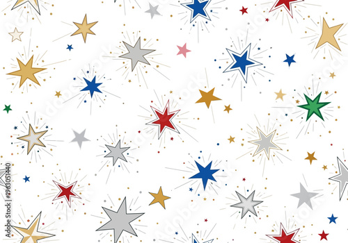 Pattern of stylized multicolored starbursts and simple stars on white