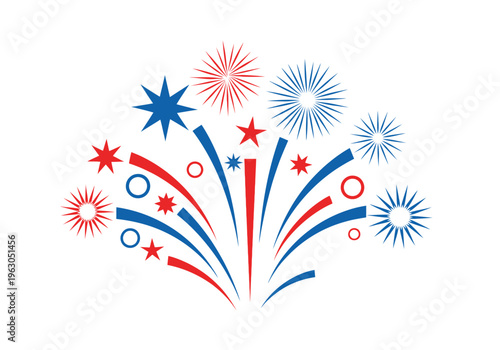 Red white and blue stylized fireworks illustration with stars and circles