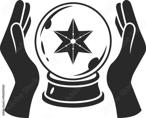 A pair of hands holding a crystal ball with a star inside
