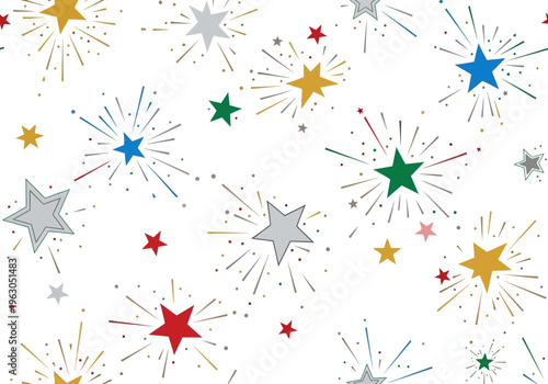 Seamless pattern of colorful starbursts and scattered stars on white