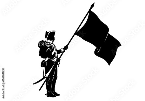 Silhouette of a soldier in historical uniform holding a black flag
