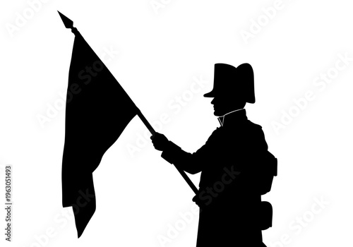 Silhouette of a soldier in historical uniform holding a flag on a white background