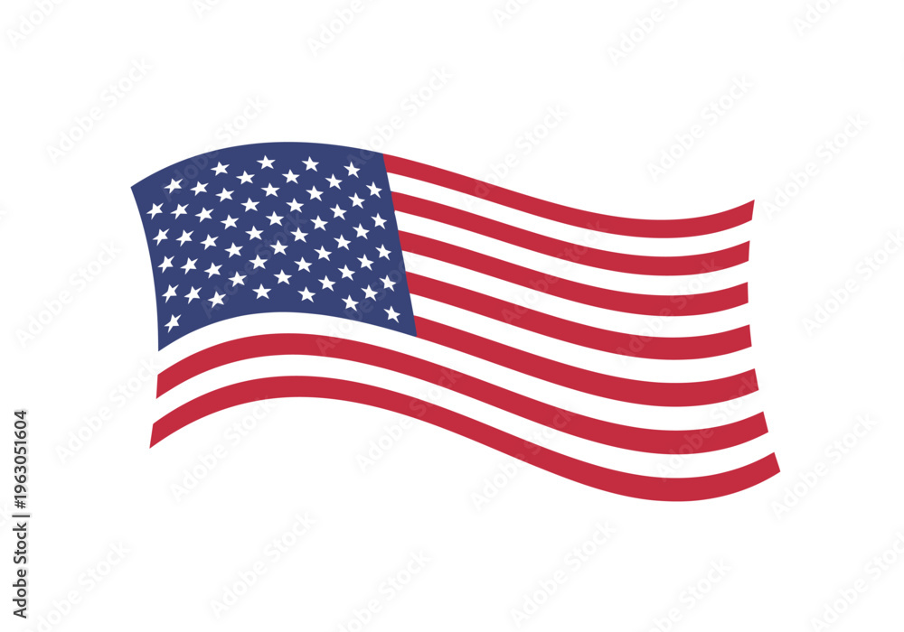 Fototapeta premium Waving American flag graphic centered on a white background
