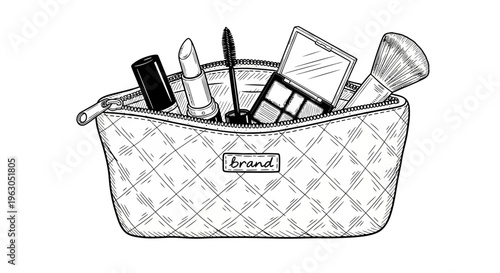 Hand-drawn sketch of a quilted makeup bag filled with various cosmetic products.