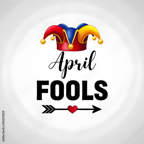 April fools day jester hat with heart arrow sign isolated on white background