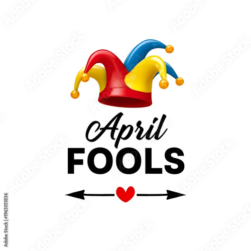 April fools day jester hat logo with heart and arrows on white background