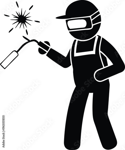 Stick figure welder working with sparks flying from metal fabrication