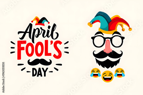 April fools day colorful illustration with jester and laughing emojis on beige background