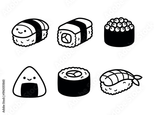 Cute cartoon sushi set illustration with japanese food with asian cuisine with white background