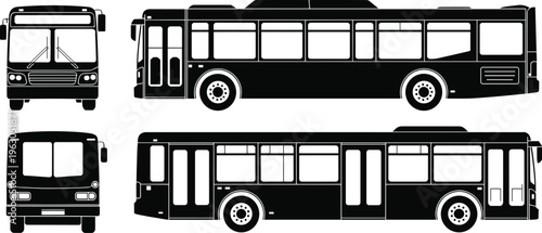 Bus silhouette illustration, front view bus, side view bus, transportation icon, vehicle outline, public transit design, travel graphic, commuter bus art