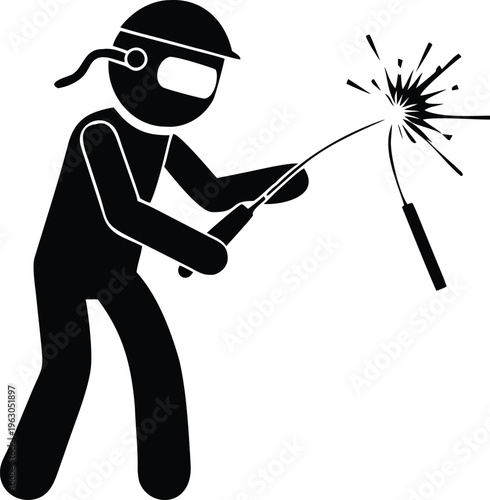 A stick figure welder creates sparks while working with metal