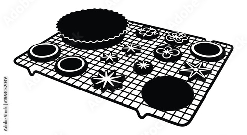 Assorted baked goods displayed on a cooling rack silhouette