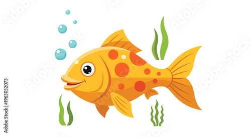 Colorful cartoon fish swimming in water with seaweed and bubbles