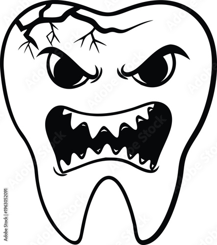 An angry cartoon tooth character with a cracked exterior and fierce expression