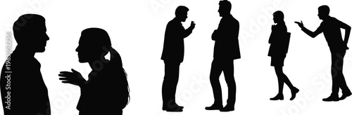 Silhouette people arguing, conflict discussion, heated debate, interpersonal communication, disagreement concept, emotional tension, relationship issues, social behavior, confrontation scene